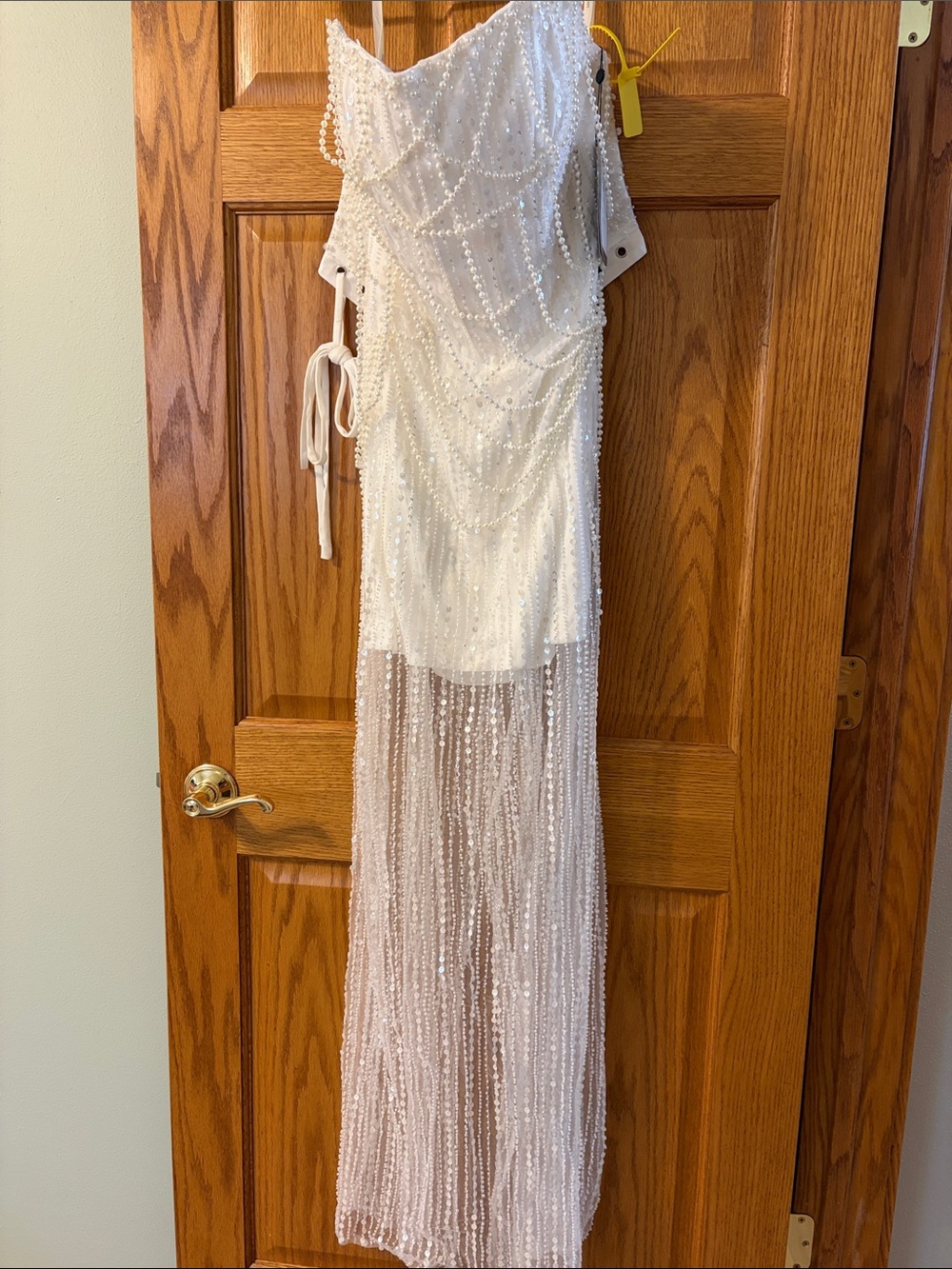Ivory Strapless Beaded Fringe Evening Gown